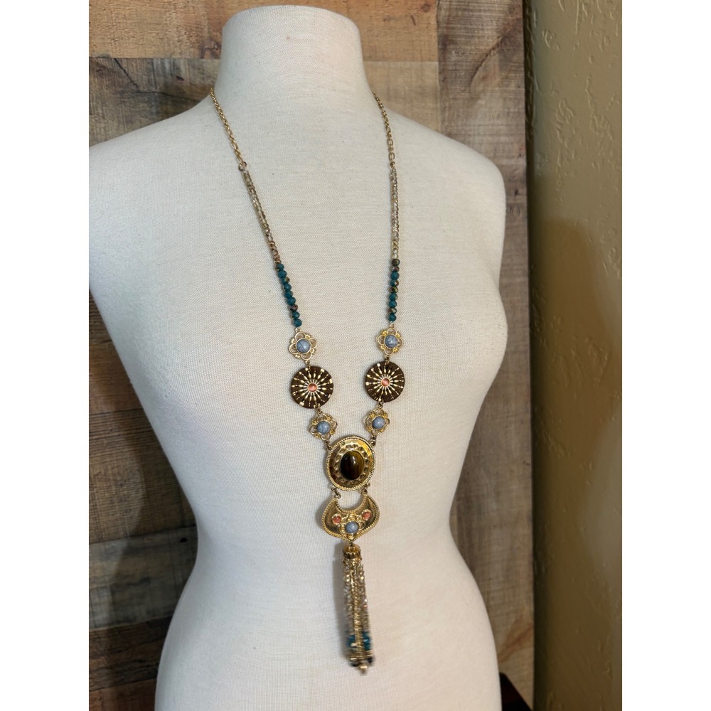 1928 Jewelry Gold Tone Teal Beaded Tassel Pendant Necklace Vintage Boho